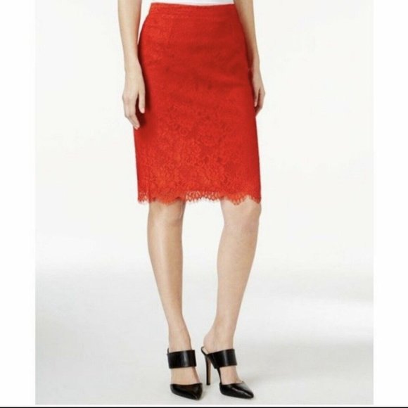 CeCe Curve-Hugging Pencil Skirt Features Beautifully Lace In Red Color / Size 0 - Picture 8 of 8
